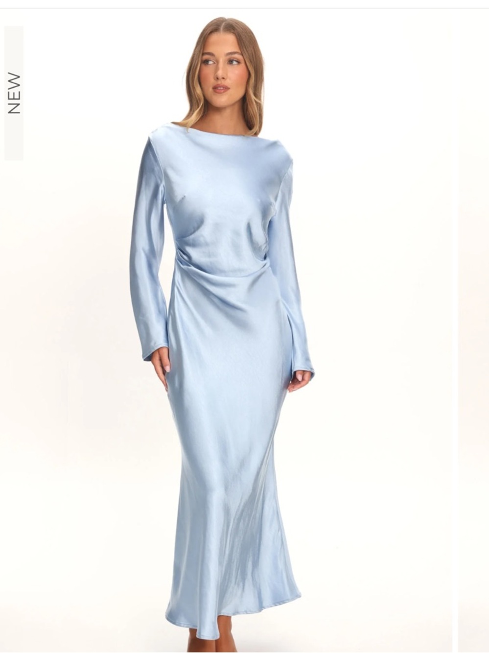 Selfie Leslie Light Blue Satin Long Sleeve Cowl Neck Gown